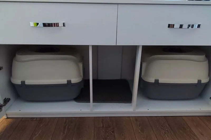 Our Litter Box Setup with Open Doors to the 2 Closed Top Litter Boxes - IAI